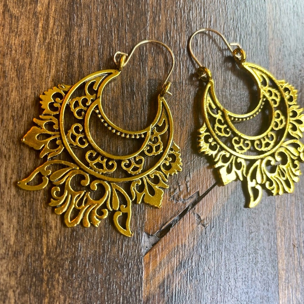 Gold Floral Hoop Earrings - Picture 2 of 5